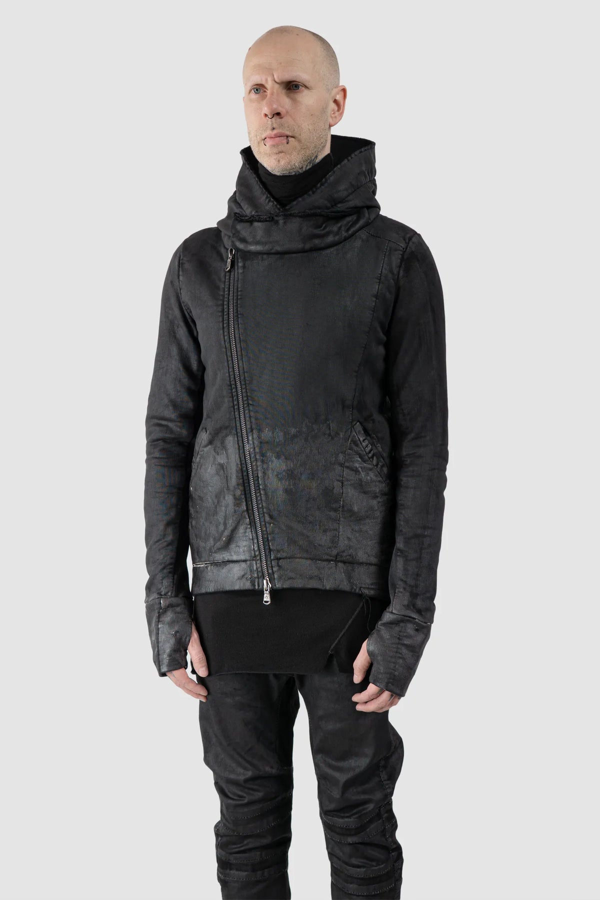 MD75 - Men's Black Waxed Cotton Zip Hoodie - model front side view - MONO-KROM | Gallery