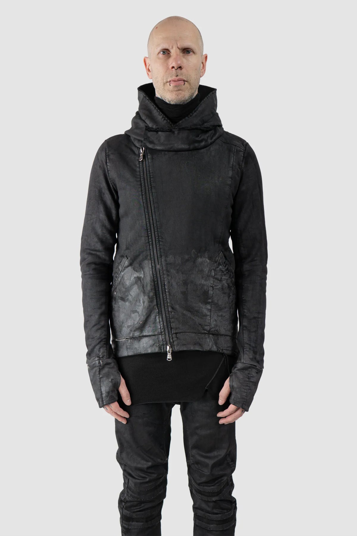 MD75 - Men's Black Waxed Cotton Zip Hoodie - model front view - MONO-KROM | Gallery