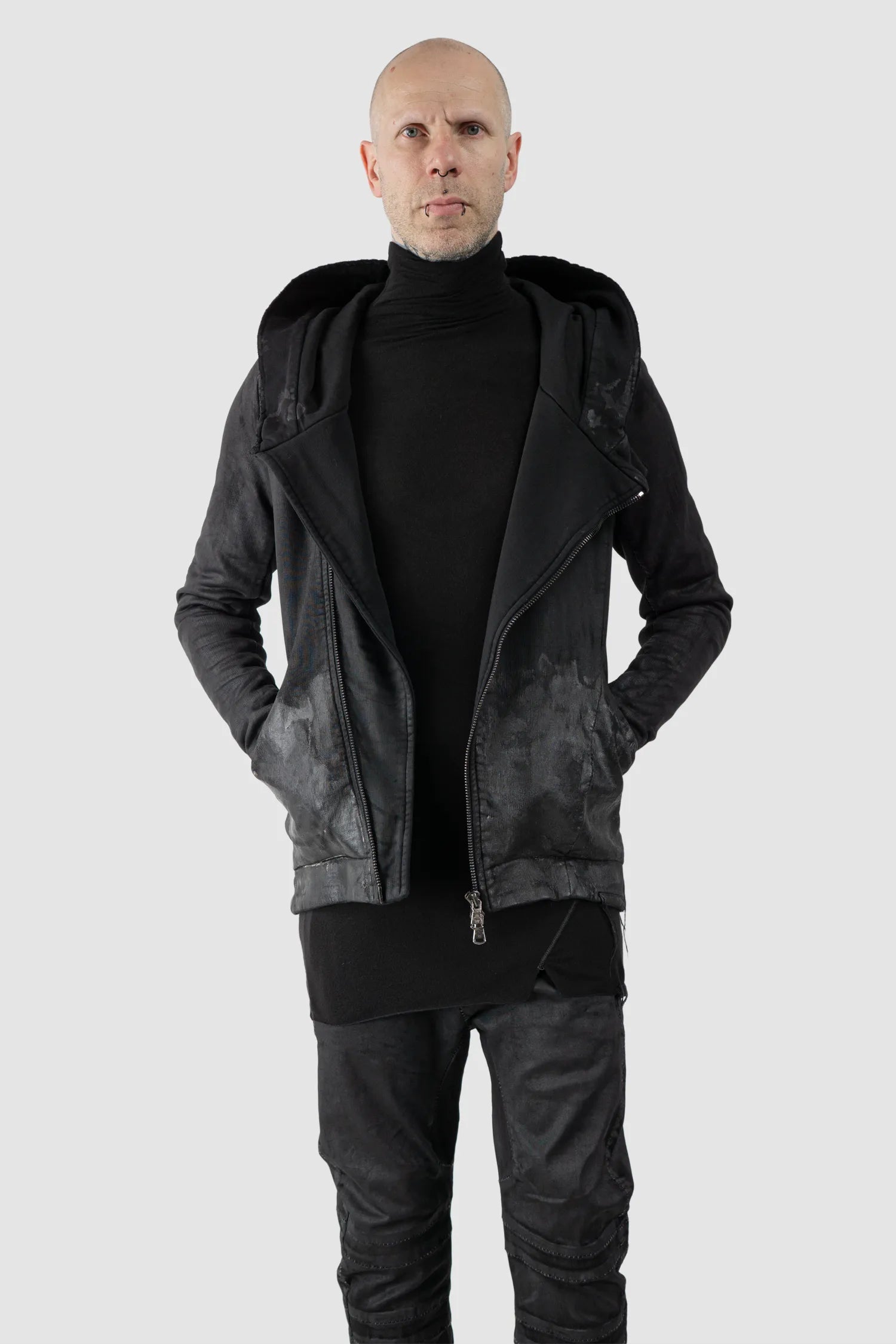 MD75 - Men's Black Waxed Cotton Zip Hoodie - model relaxed open view
