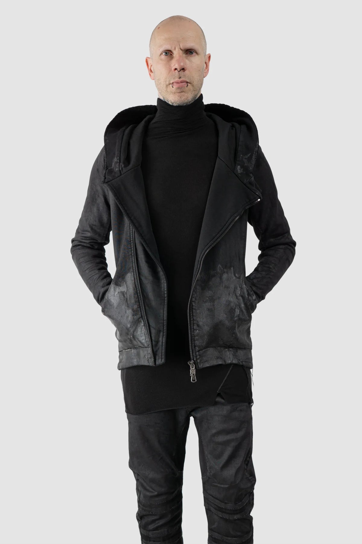 MD75 - Men's Black Waxed Cotton Zip Hoodie - model relaxed open view
