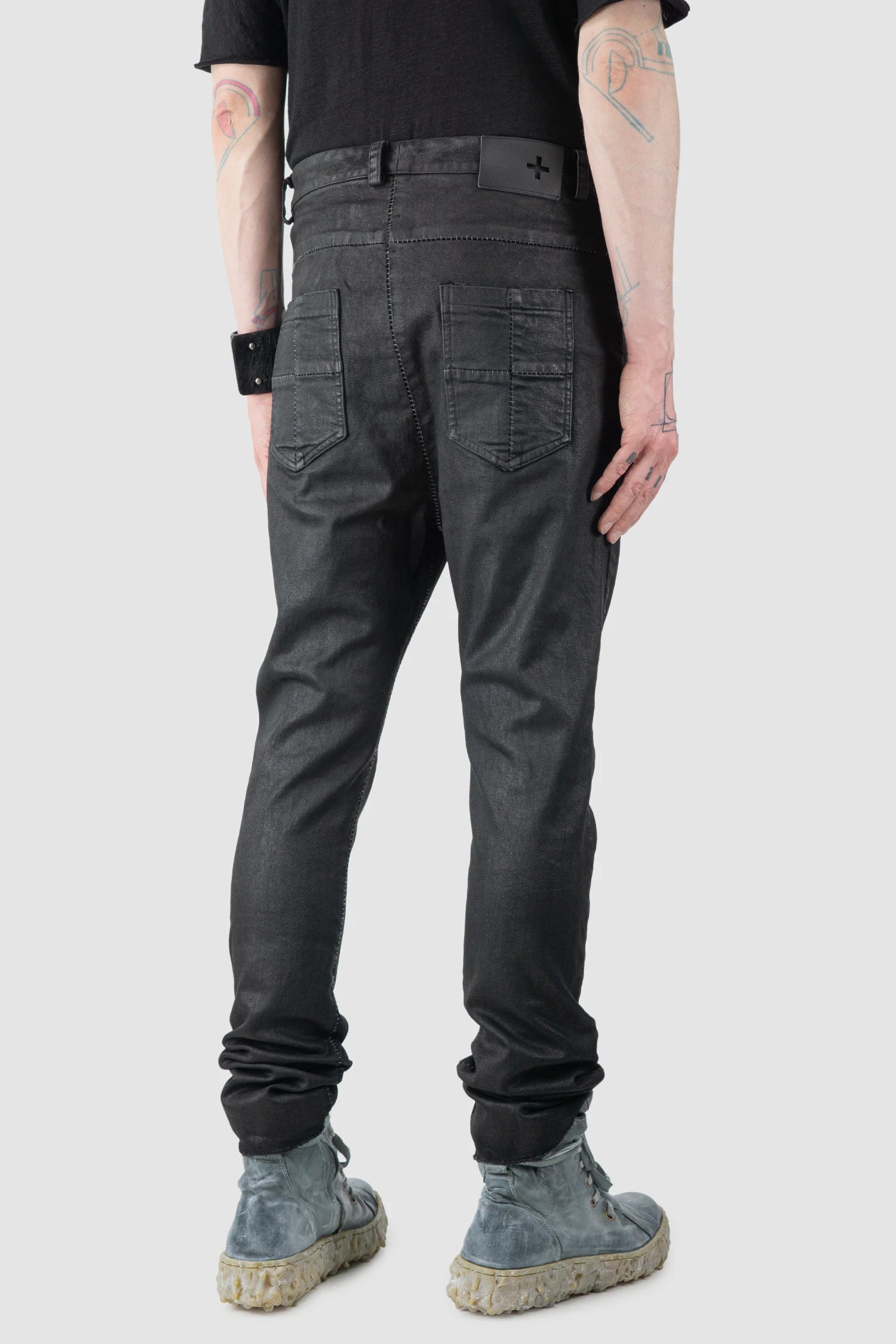 MD75 - Men’s Black Waxed Denim Zip Detail Jeans model back side view