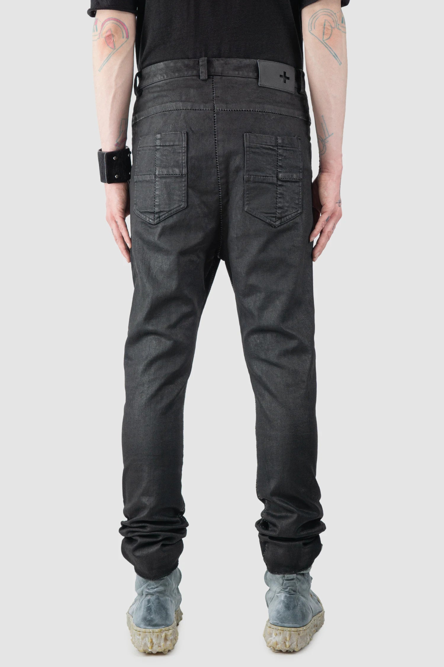 MD75 - Men’s Black Waxed Denim Zip Detail Jeans model back view