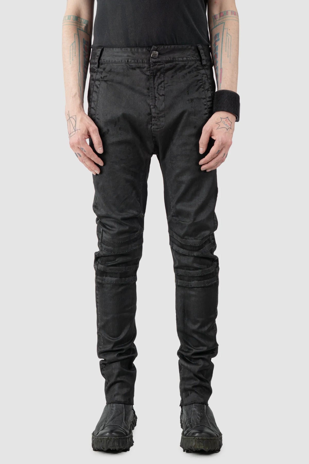MD75 - Men's Black Waxed Stretch Denim Knee Detail Jeans - model front view - MONO-KROM | Gallery