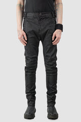 MD75 - Men's Black Waxed Stretch Denim Knee Detail Jeans - model front view - MONO-KROM | Gallery