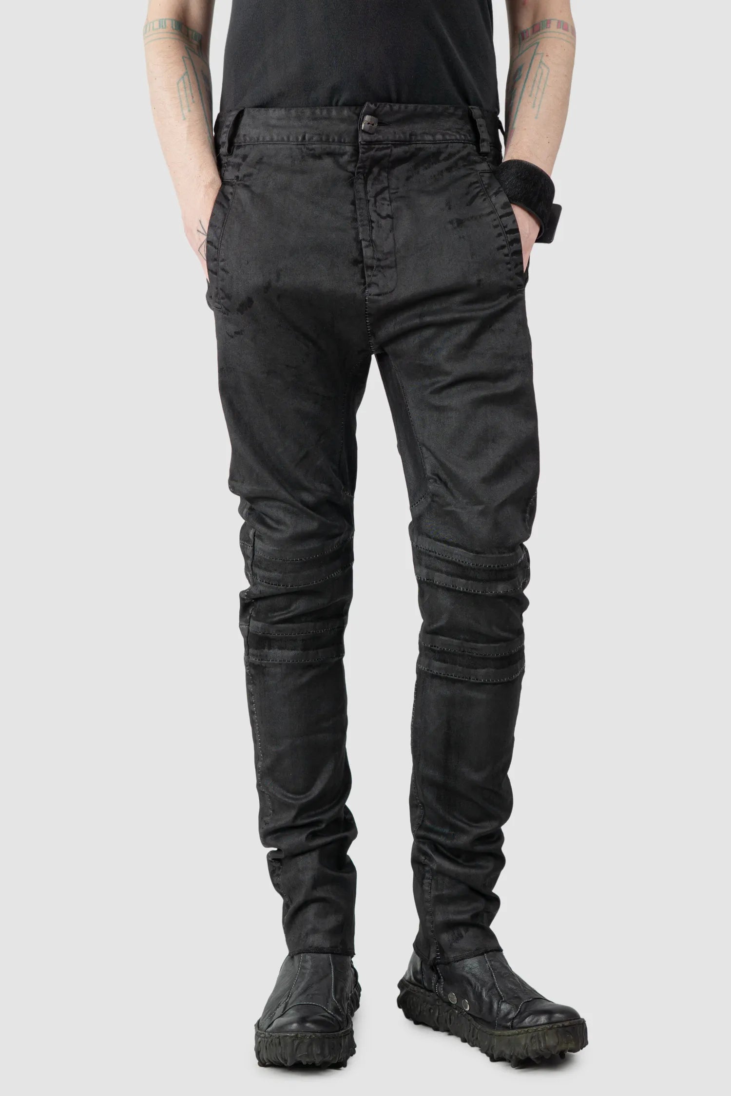 MD75 - Men's Black Waxed Stretch Denim Knee Detail Jeans - model relaxed view