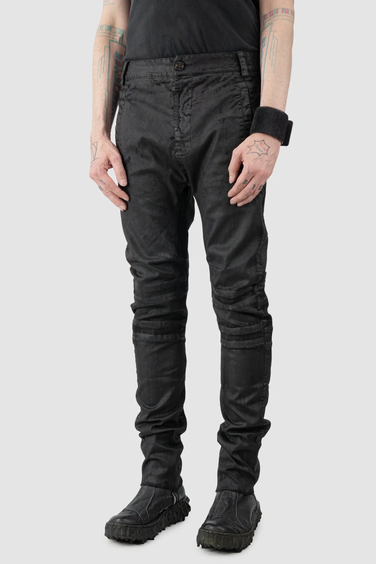 MD75 - Men's Black Waxed Stretch Denim Knee Detail Jeans - model side view - MONO-KROM | Gallery