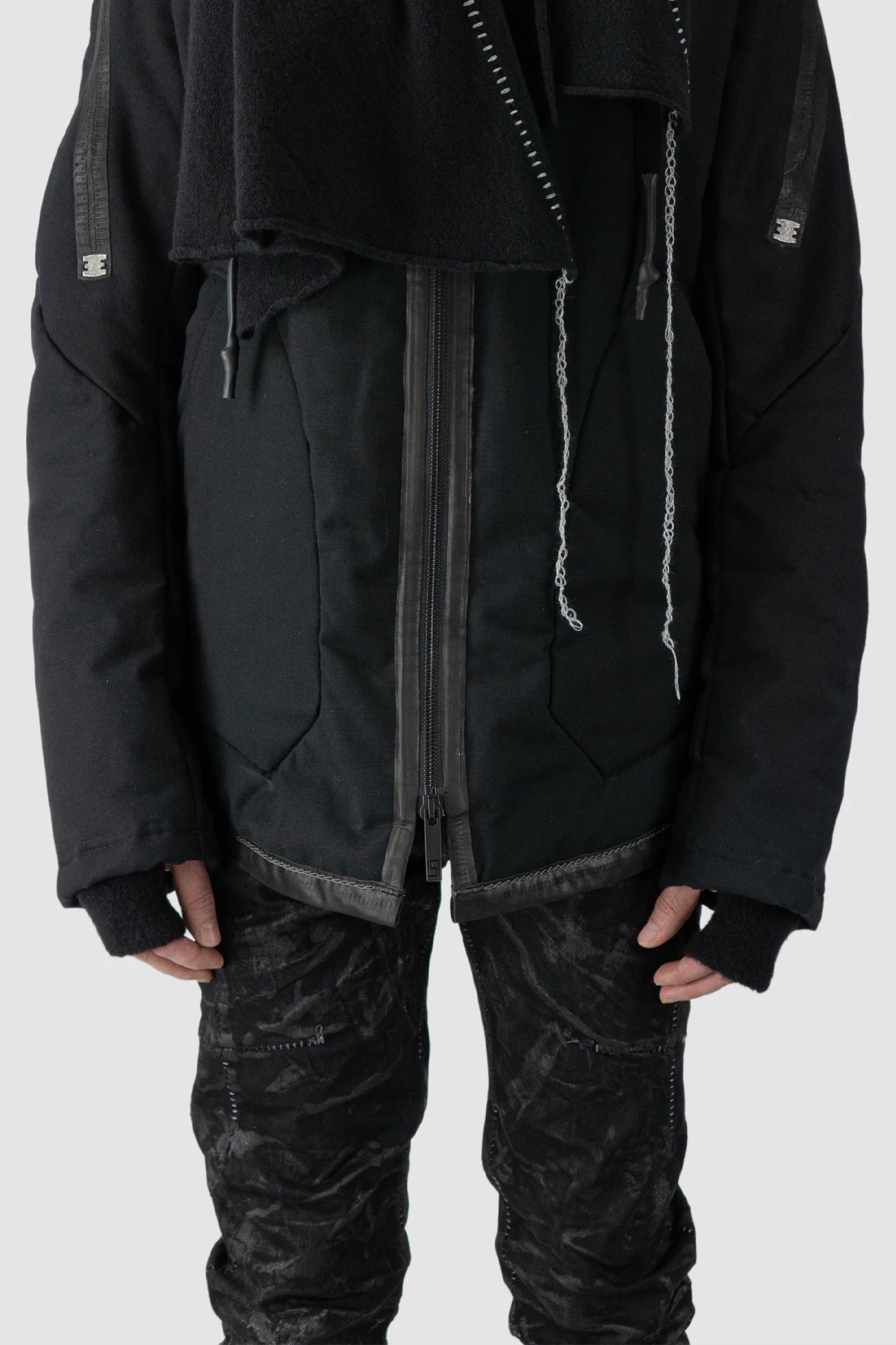 MD75 - model front detail view of men’s Black Wool-Cashmere Knit Long Fingerless Gloves