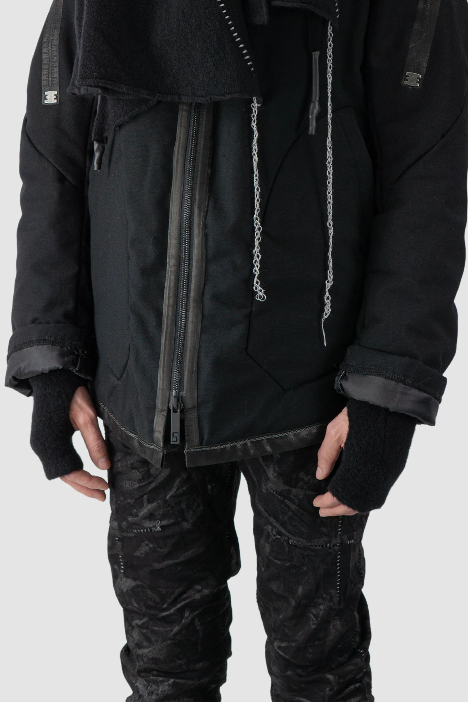 MD75 - model front side detail view of men’s Black Wool-Cashmere Knit Long Fingerless Gloves