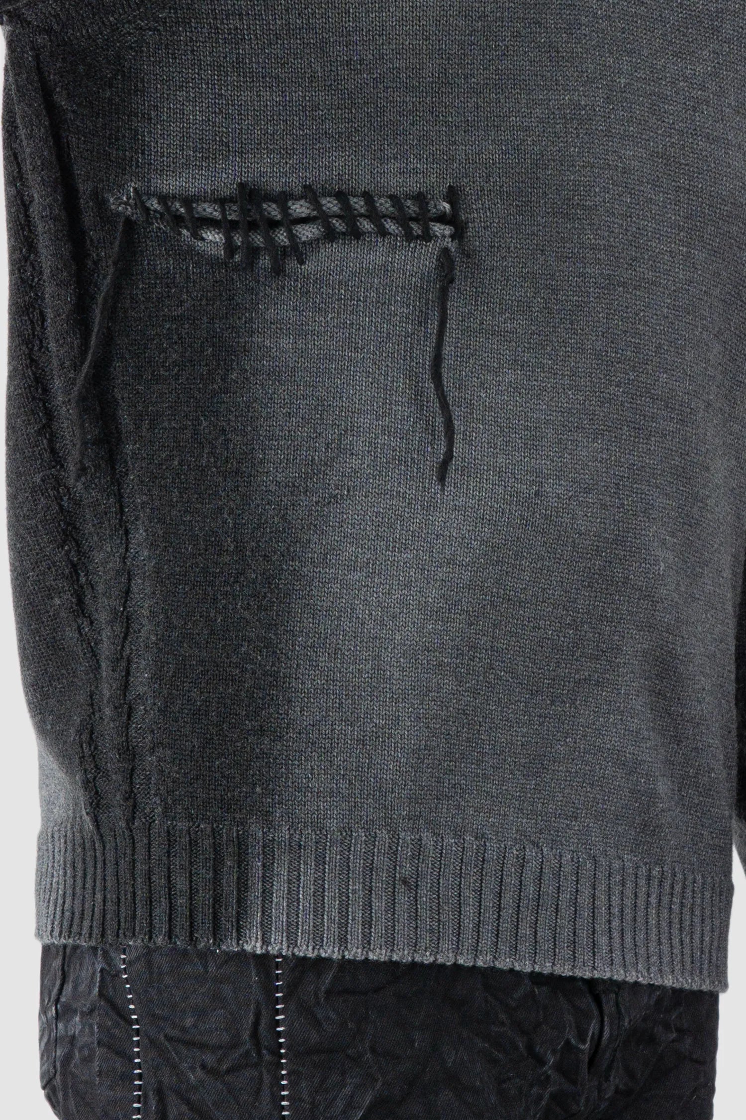 MD75 - Men's Grey & Black Spray Wool Knit Sweater with Scar Detail - close up view