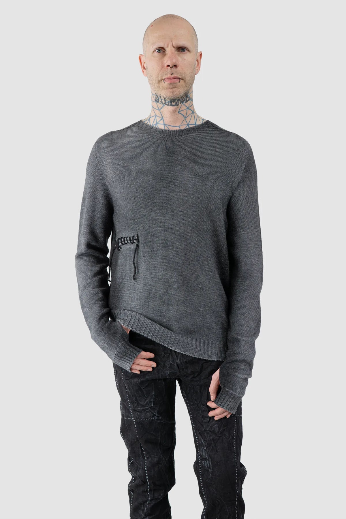 MD75 - Men's Grey & Black Spray Wool Knit Sweater with Scar Detail - Model relaxed view