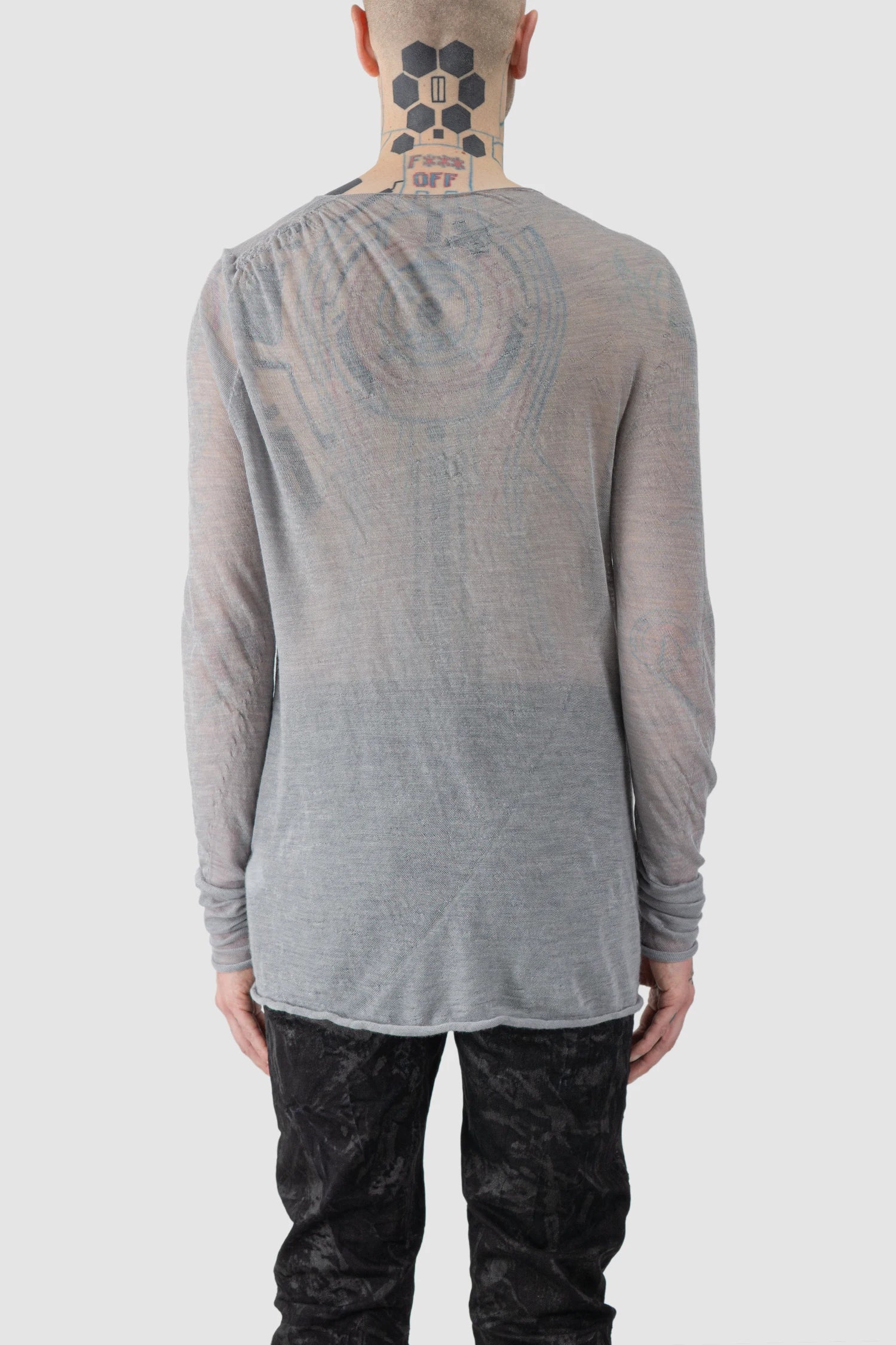 MD75 - model back view of men’s Grey Knitted Thin Wool Long Sleeve Sweater