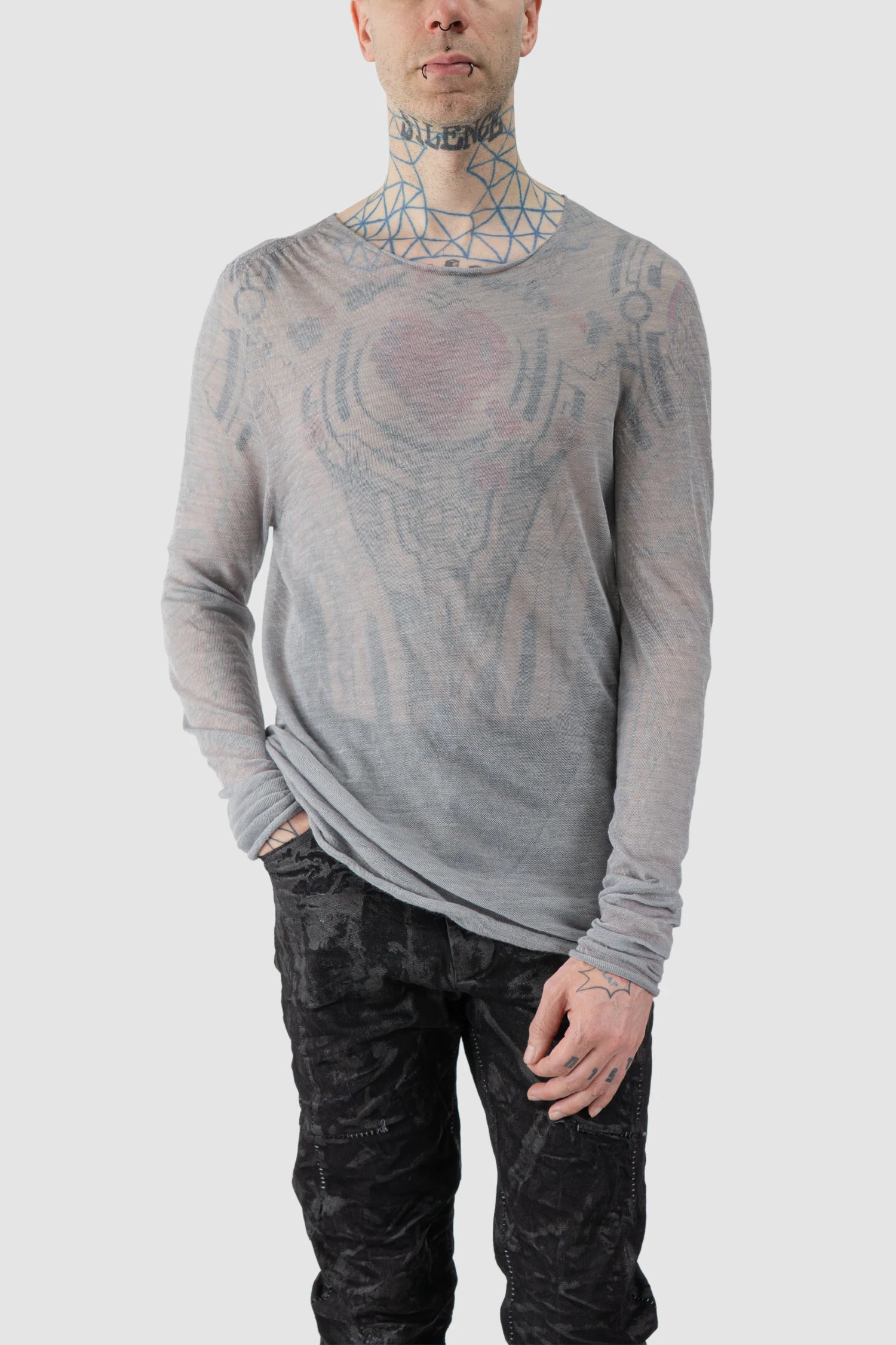 MD75 - model front relaxed view of men’s Grey Knitted Thin Wool Long Sleeve Sweater