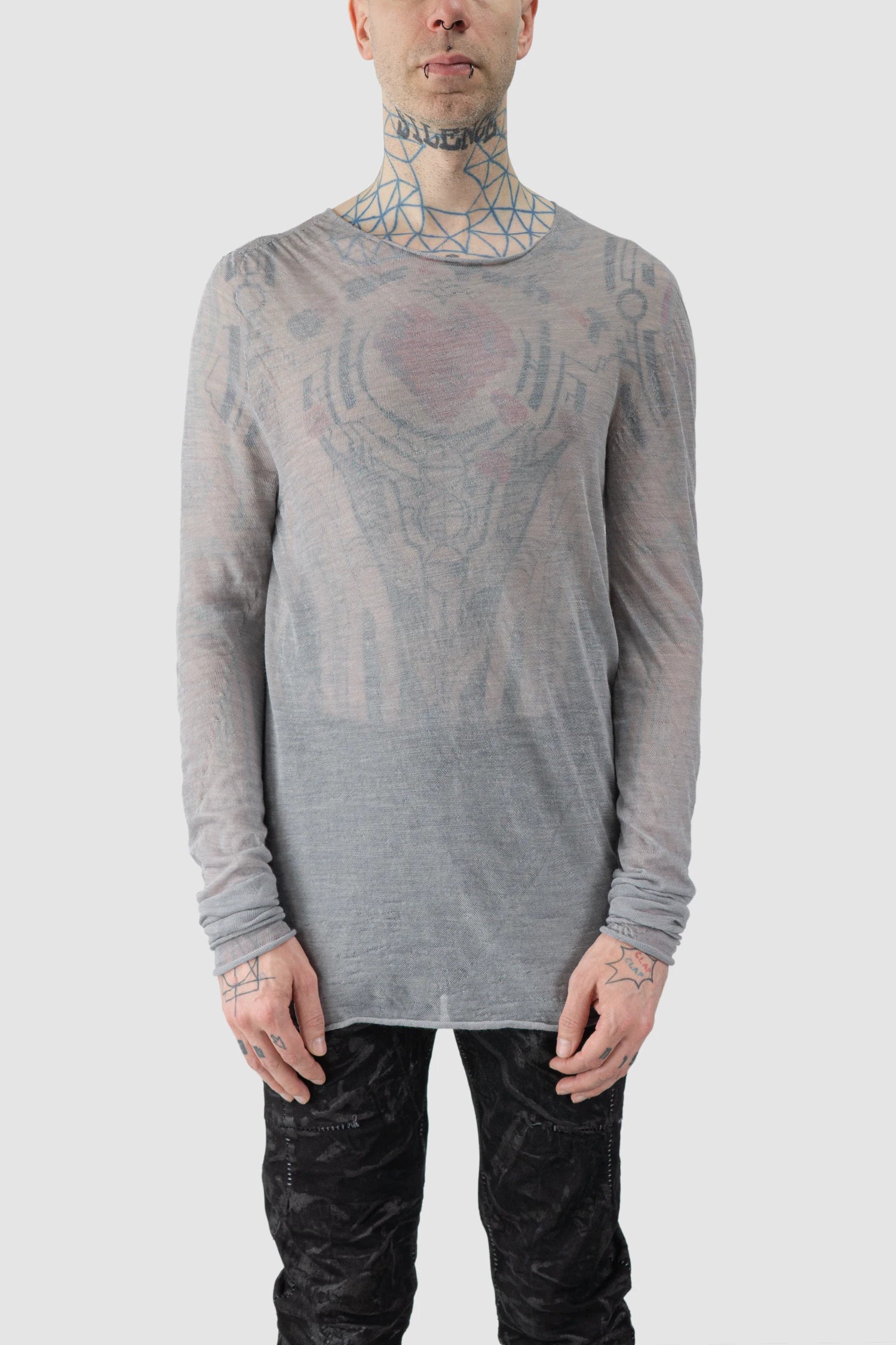 MD75 - model front view of men’s Grey Knitted Thin Wool Long Sleeve Sweater