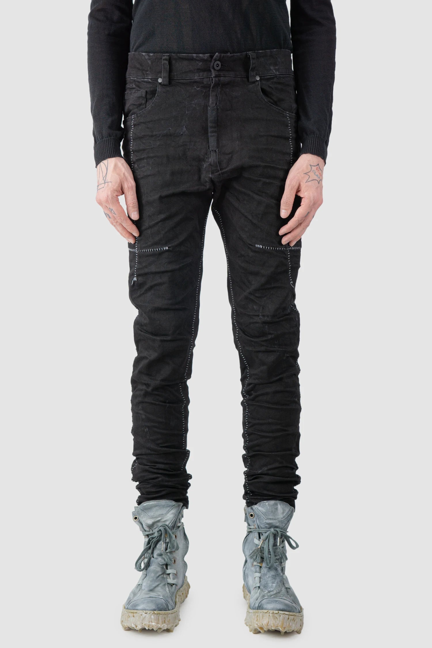 MD75 - model front view of men’s Black Stone Washed Stacked Denim Jeans