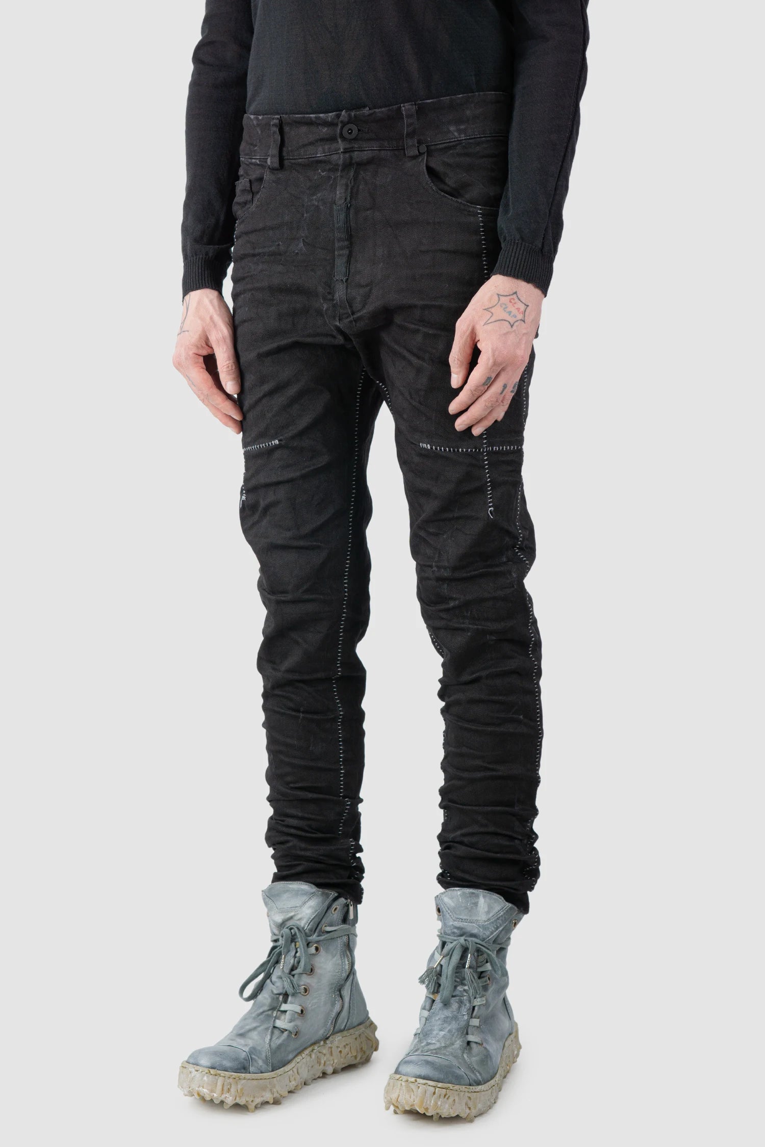 MD75 - model front side view of men’s Black Stone Washed Stacked Denim Jeans