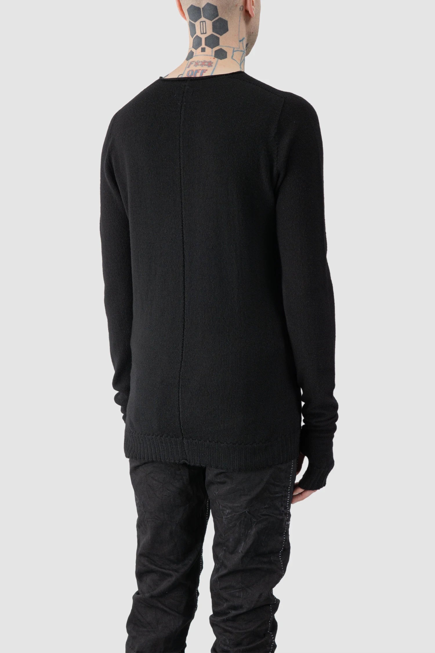 MD75 - model back side view of men’s Black Wool Knit Long Sleeve Sweater