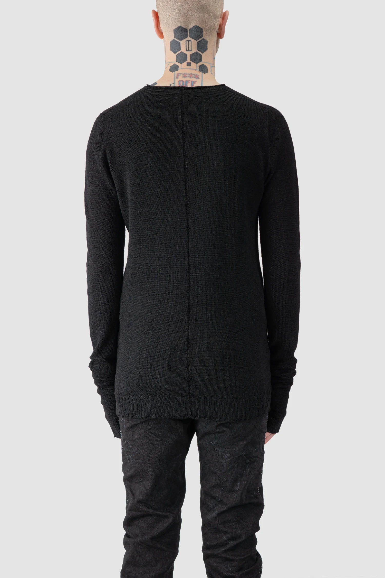 MD75 - model back view of men’s Black Wool Knit Long Sleeve Sweater