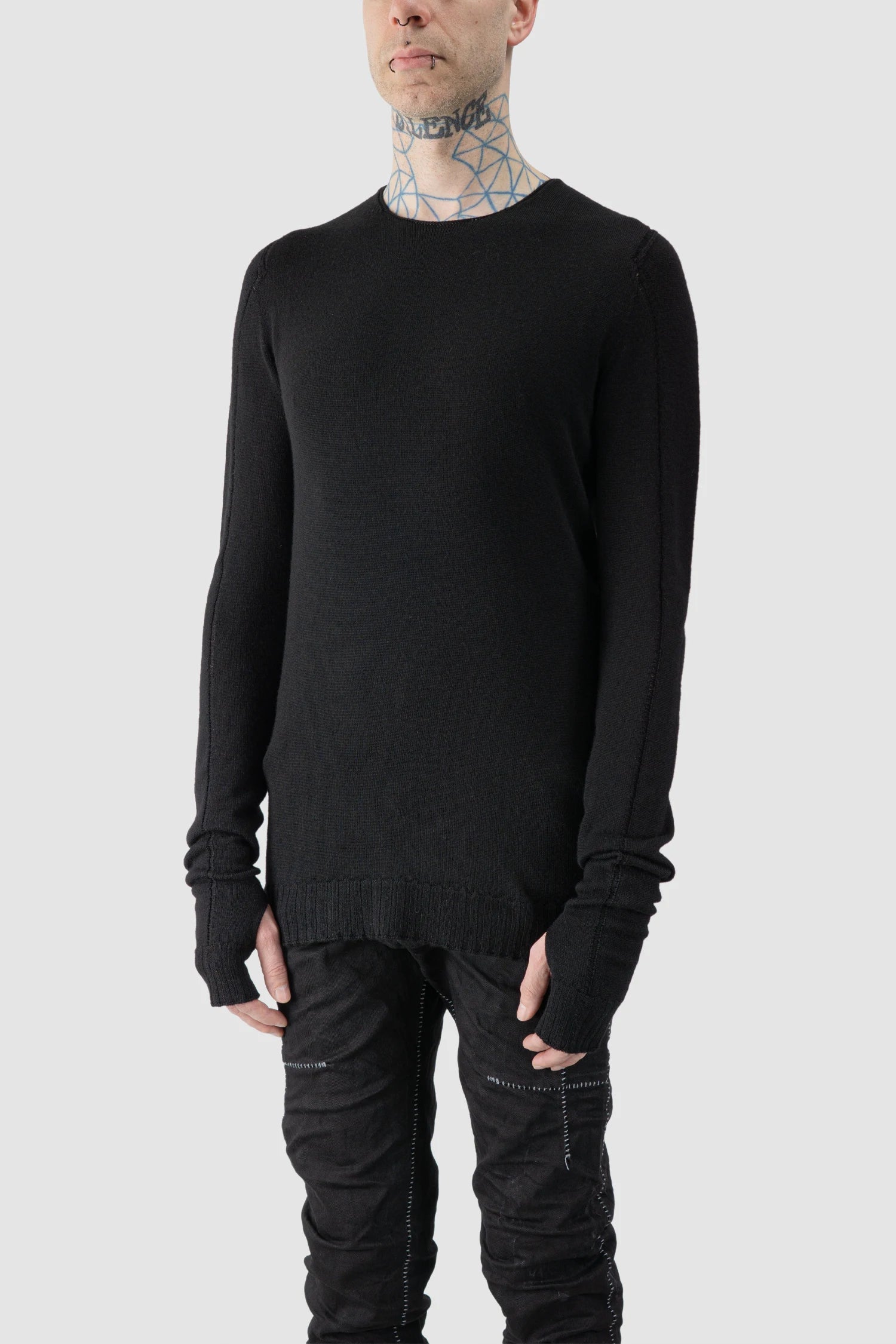 MD75 - model front side view of men’s Black Wool Knit Long Sleeve Sweater