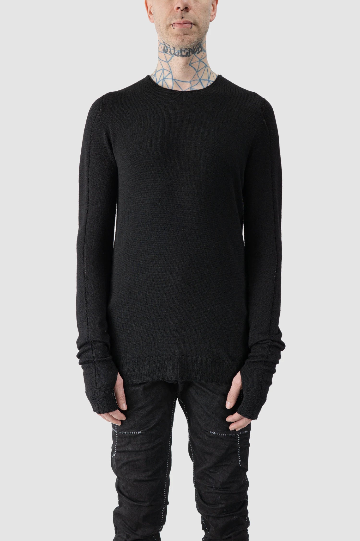 MD75 - model front view of men’s Black Wool Knit Long Sleeve Sweater