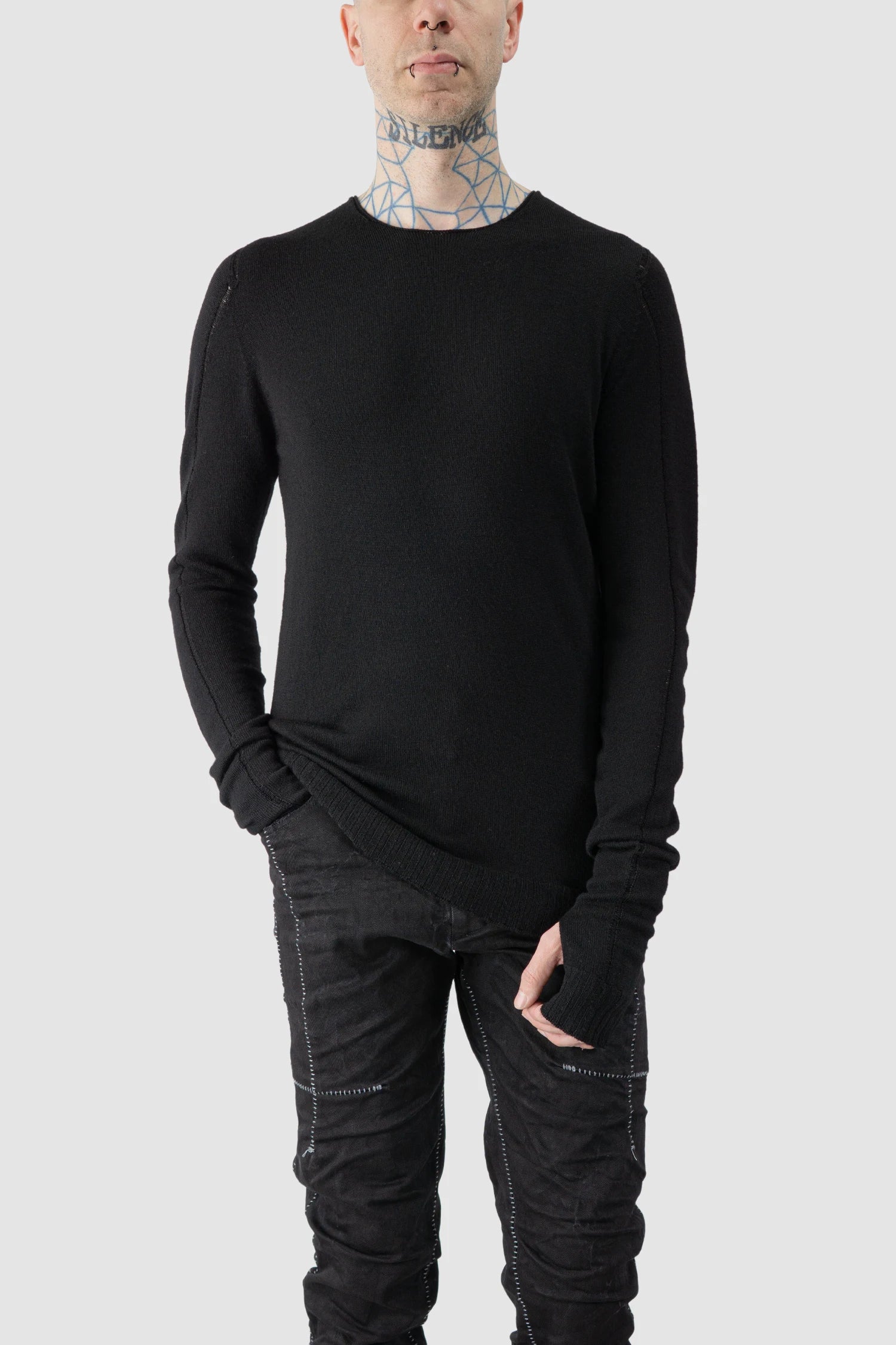MD75 - model front relaxed view of men’s Black Wool Knit Long Sleeve Sweater