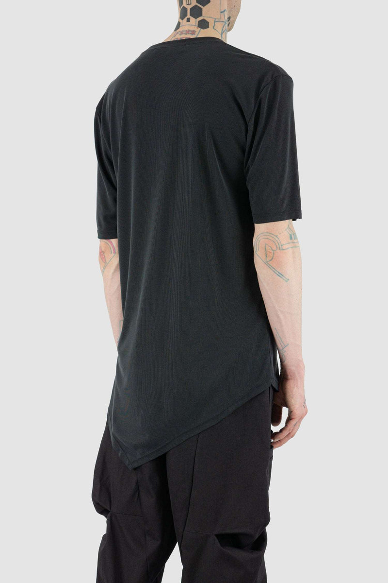 Back view of Black Asymmetrical Modal Tee for Men with outseam detail, LA HAINE INSIDE US