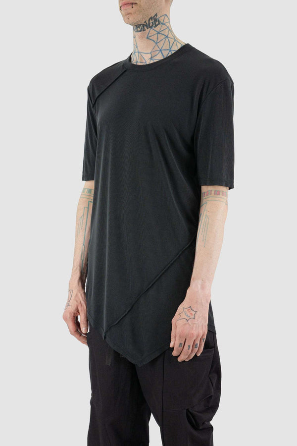 Side view of Black Asymmetrical Modal Tee for Men with outseam detail, LA HAINE INSIDE US
