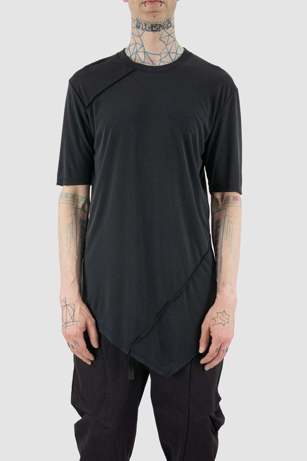 Front view of Black Asymmetrical Modal Tee for Men with outseam detail, LA HAINE INSIDE US