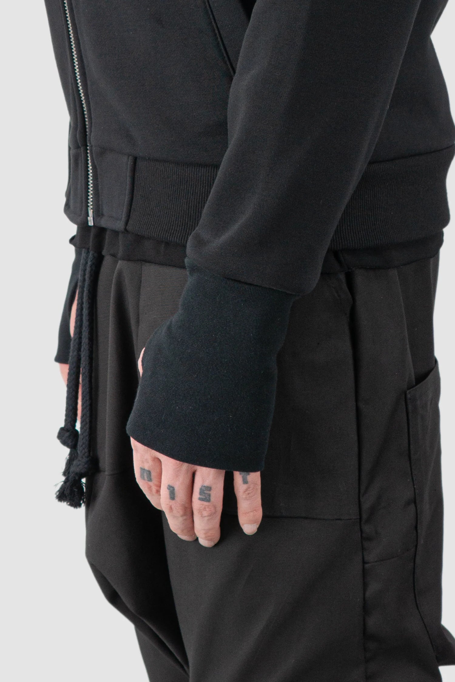 Obectra - Men’s Black Stretch Cotton Blend Bomber Jacket cuff detail view