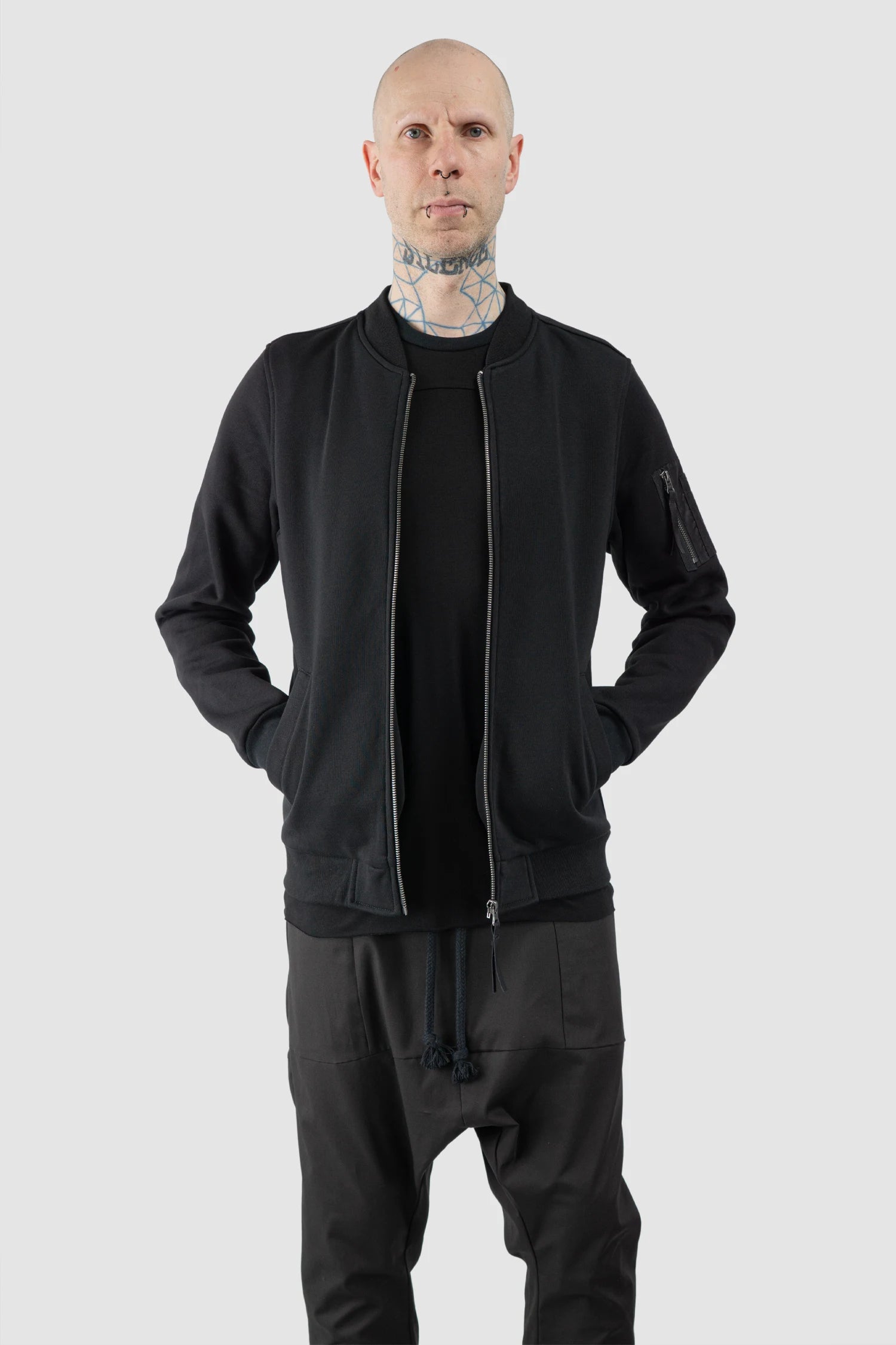Obectra - Men’s Black Stretch Cotton Blend Bomber Jacket model relaxed view