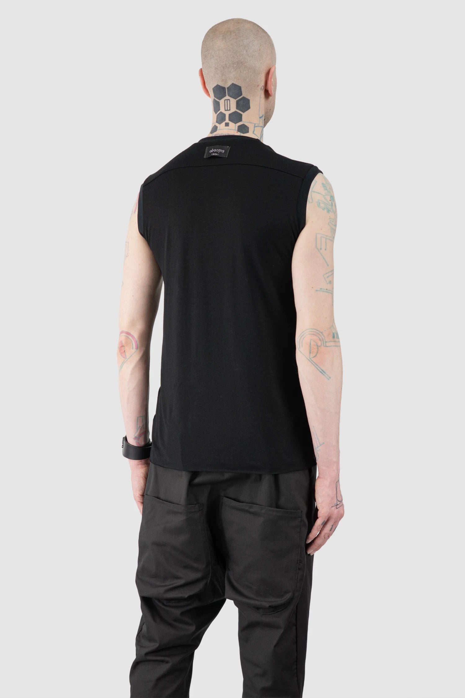 Obectra - Men’s Black Viscose Blend Line Tank Top model back side view