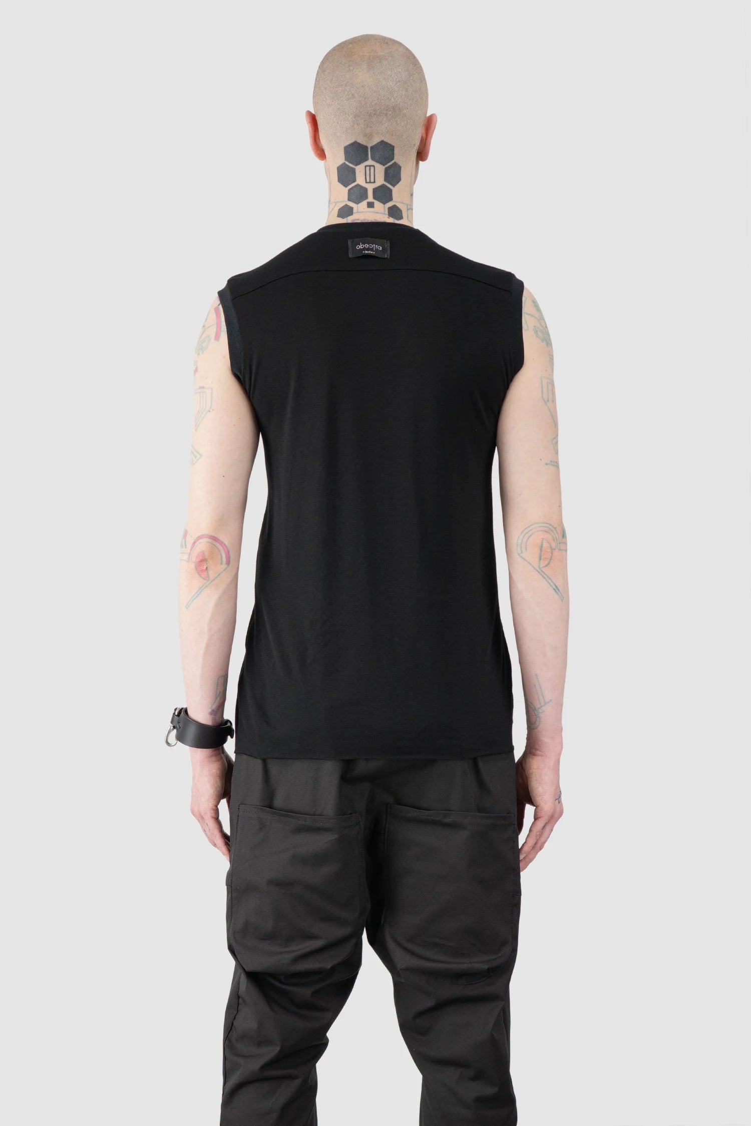 Obectra - Men’s Black Viscose Blend Line Tank Top model back view
