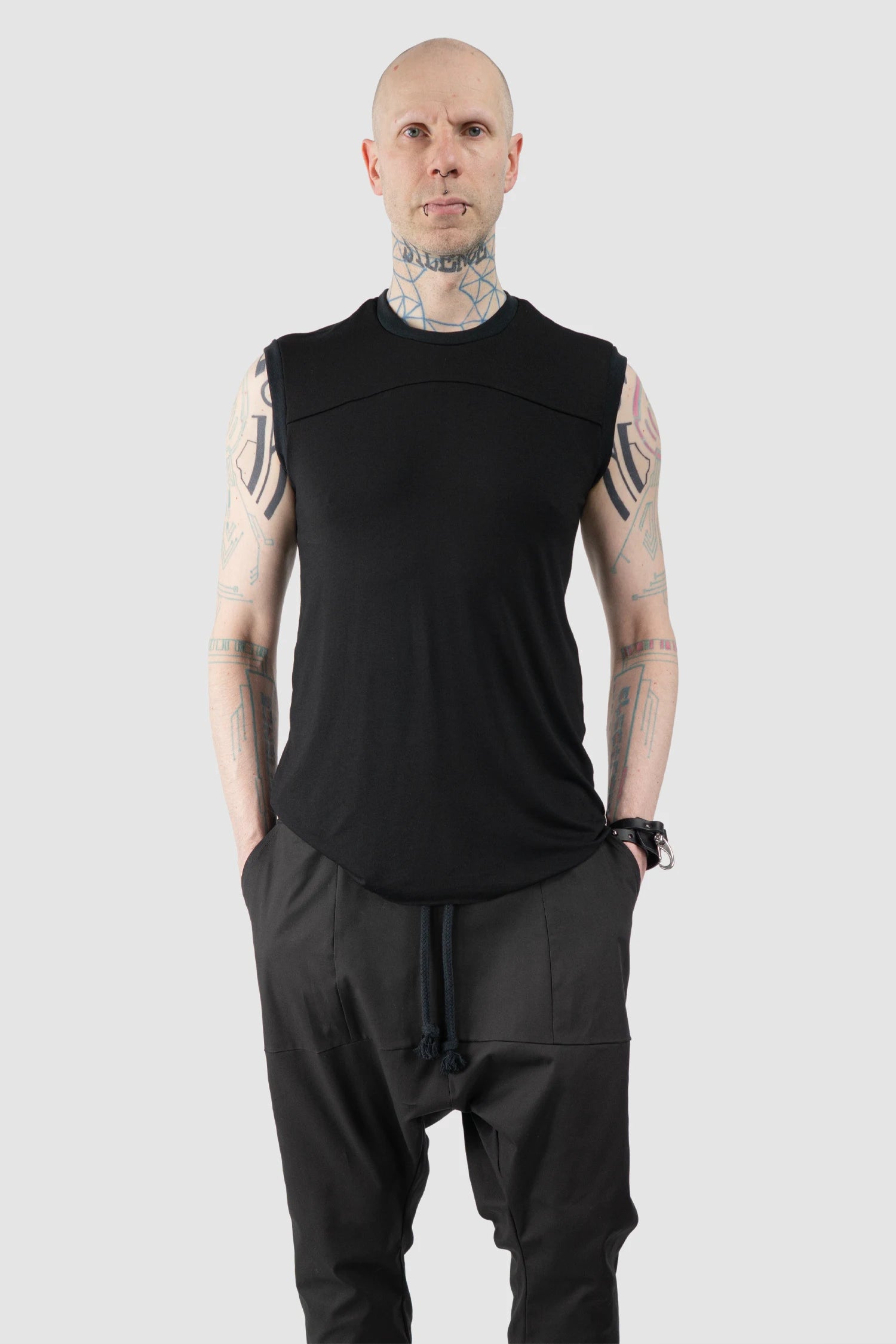 Obectra - Men’s Black Viscose Blend Line Tank Top model relaxed view