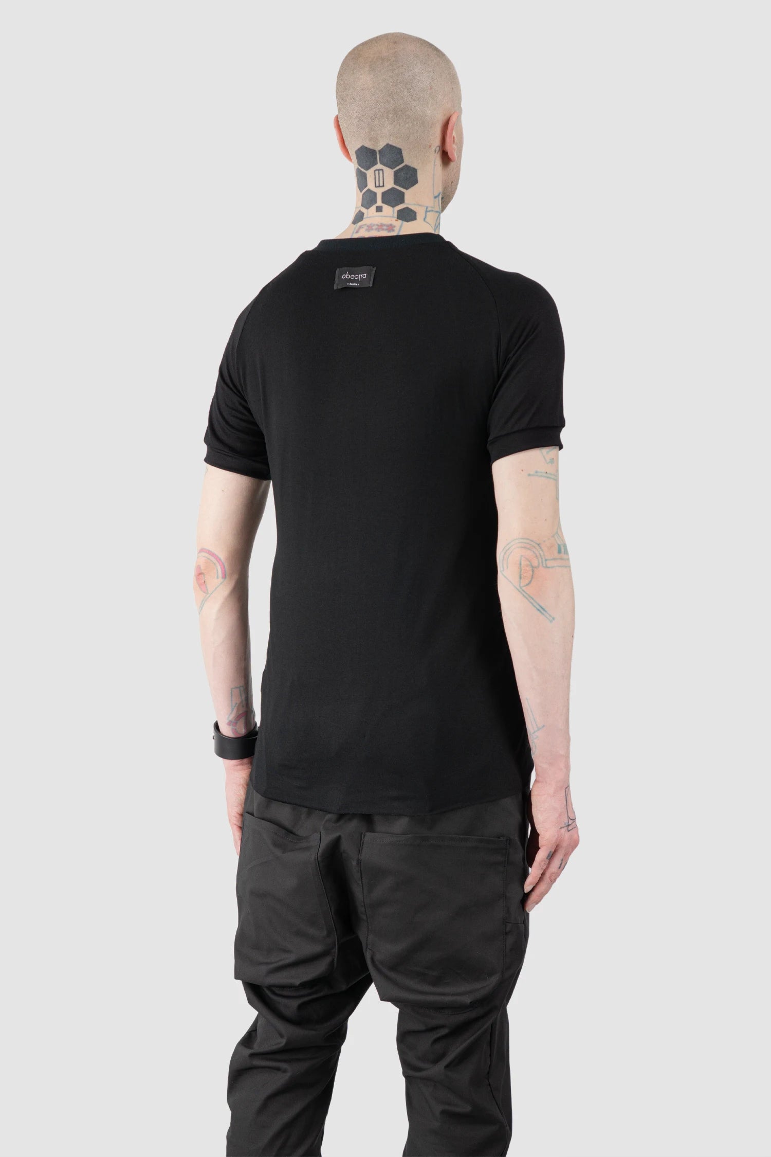 Obectra - Men’s Black Viscose Blend Raglan T-Shirt model back side view