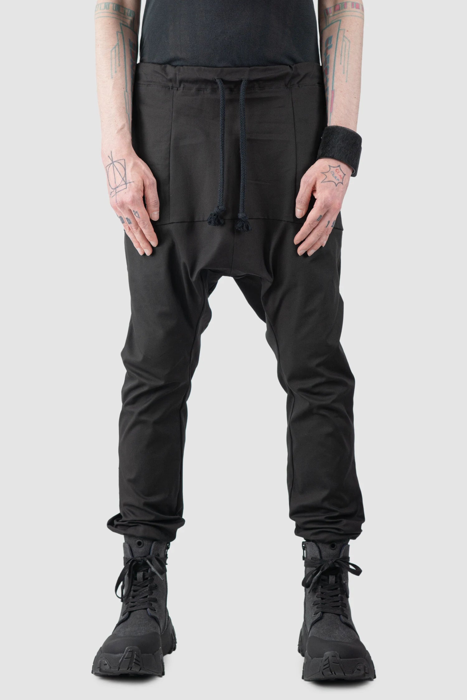 Obectra - Men’s Black Low Crotch Cotton Twill Jogging Trousers model front view