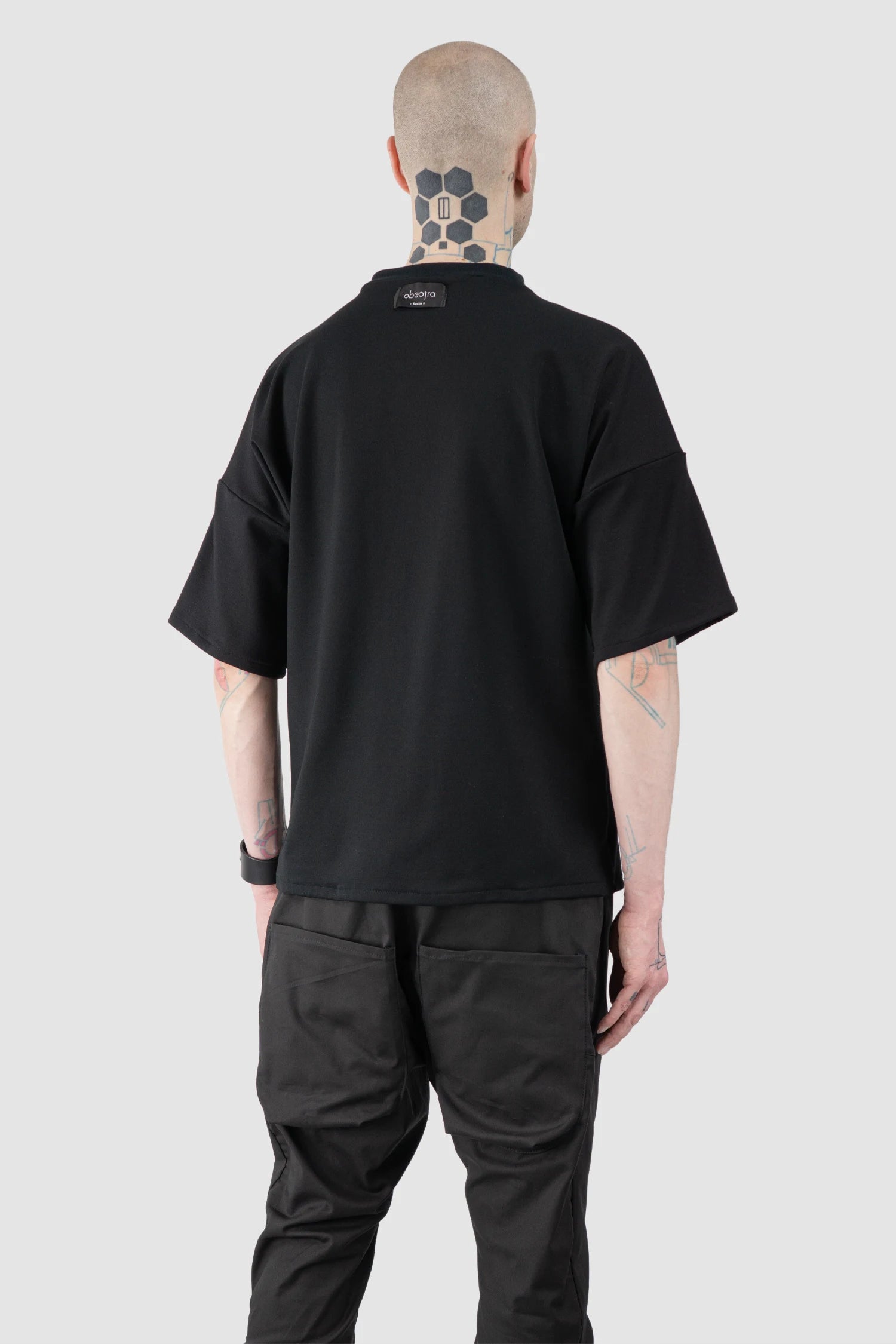 Obectra - Men’s Black Oversized Shoulder Panel Viscose T-Shirt model back side view