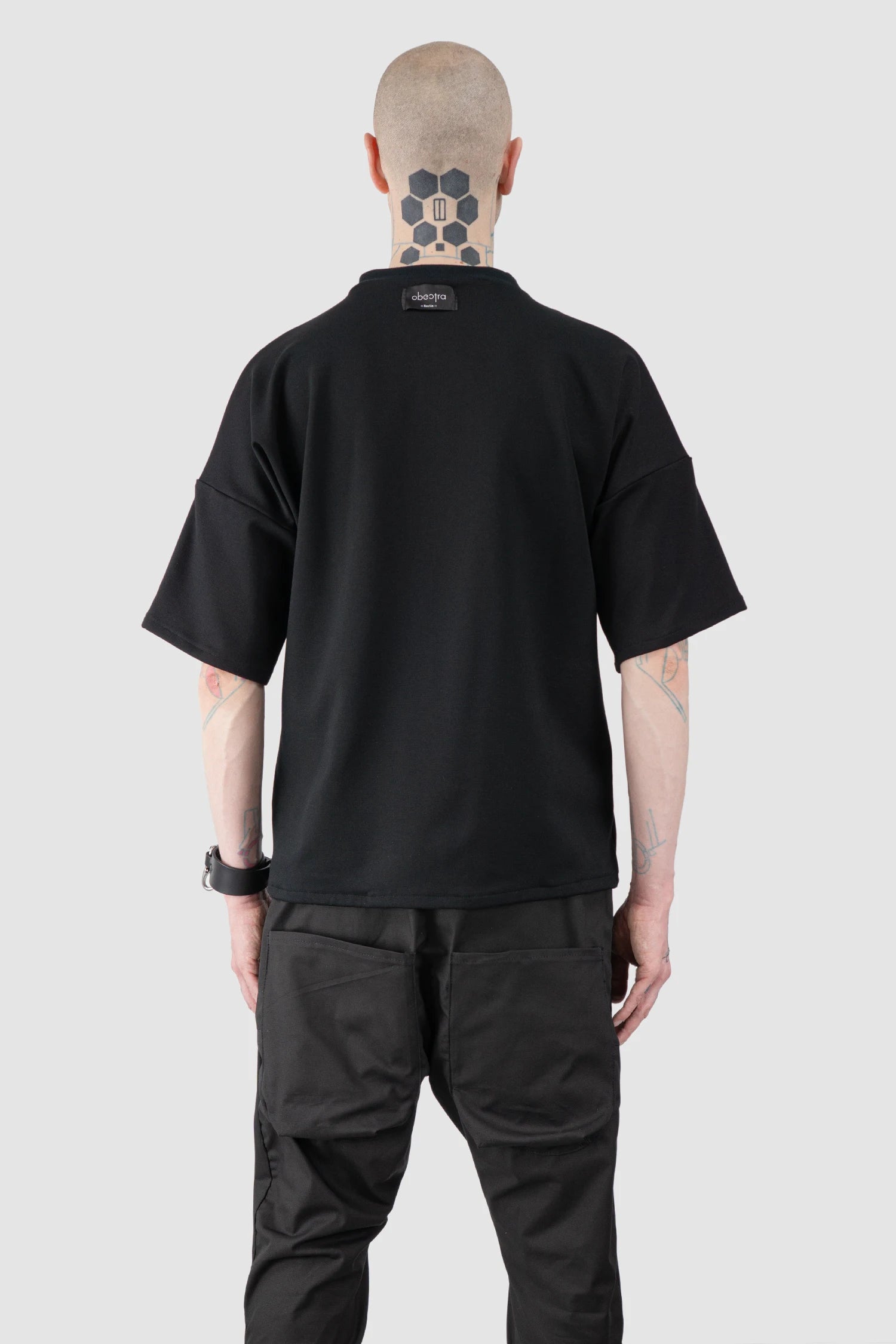 Obectra - Men’s Black Oversized Shoulder Panel Viscose T-Shirt model back view