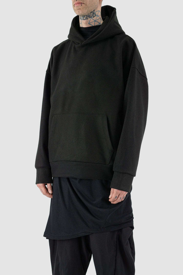Side view of Black Oversized Hooded Sweater for Men with kangaroo pockets, LA HAINE INSIDE US