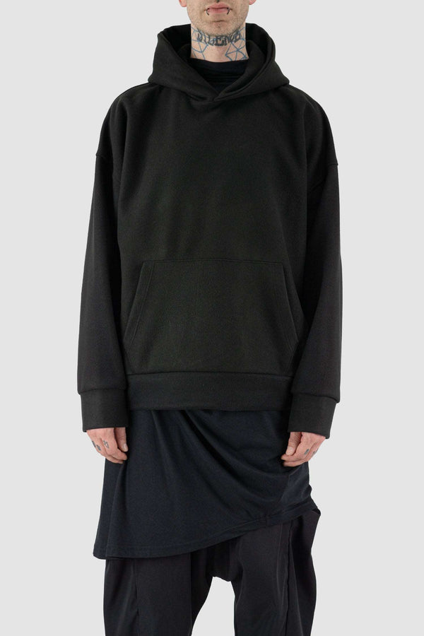 Front view of Black Oversized Hooded Sweater for Men with kangaroo pockets, LA HAINE INSIDE US