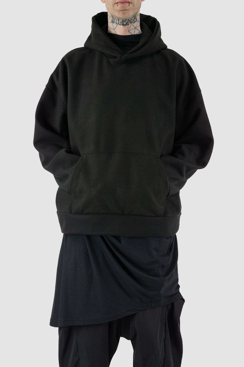 Front view of Black Oversized Hooded Sweater for Men with kangaroo pockets, LA HAINE INSIDE US