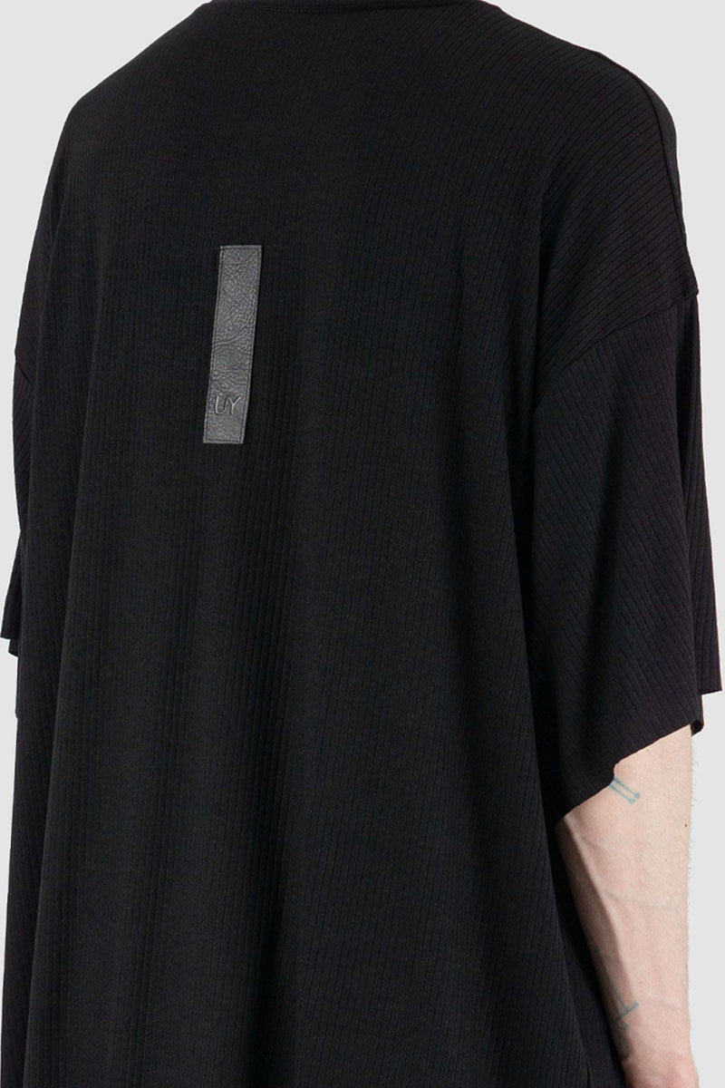Close up Back View of Oversized Ribbed Elliut Tee with Vegan Leather Label by UY Studio