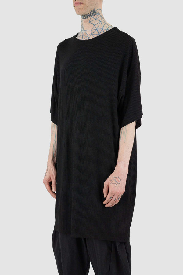 Stylish Black Ribbed Viscose T-Shirt with Raw Edge Finishings - Side View by UY Studio