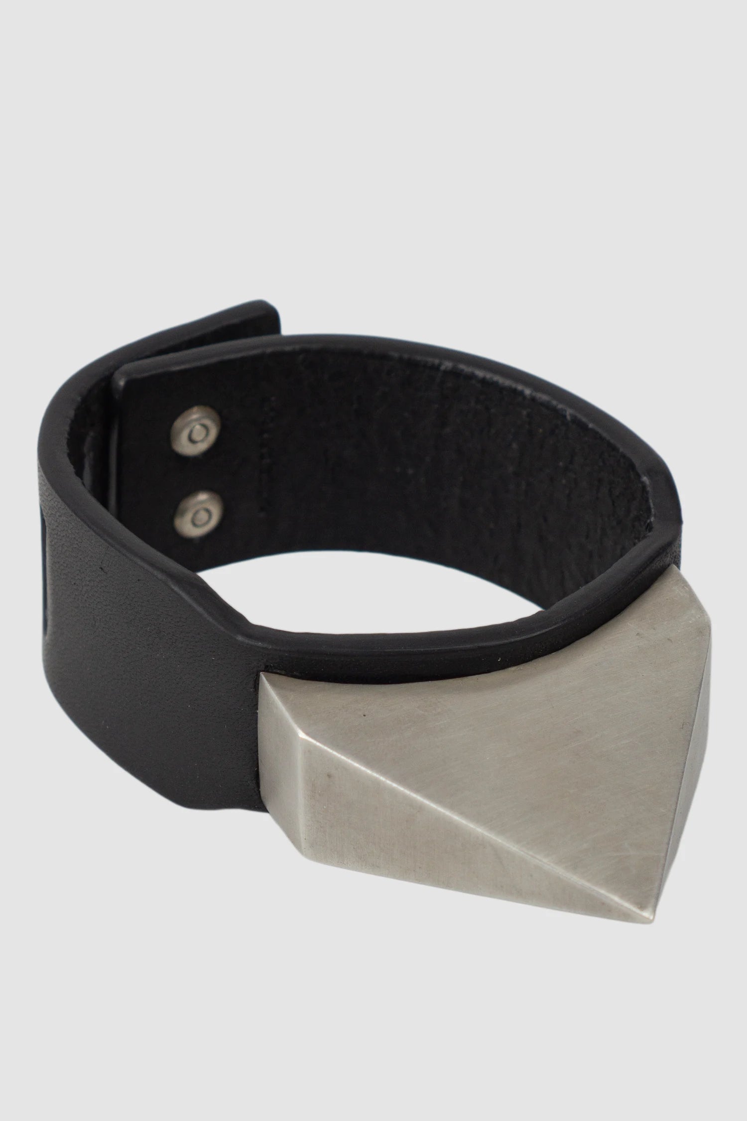 Parts of Four - Black Leather Silver Plated Mega Pyramid Bracelet 30 mm - front right view - MONO-KROM Gallery