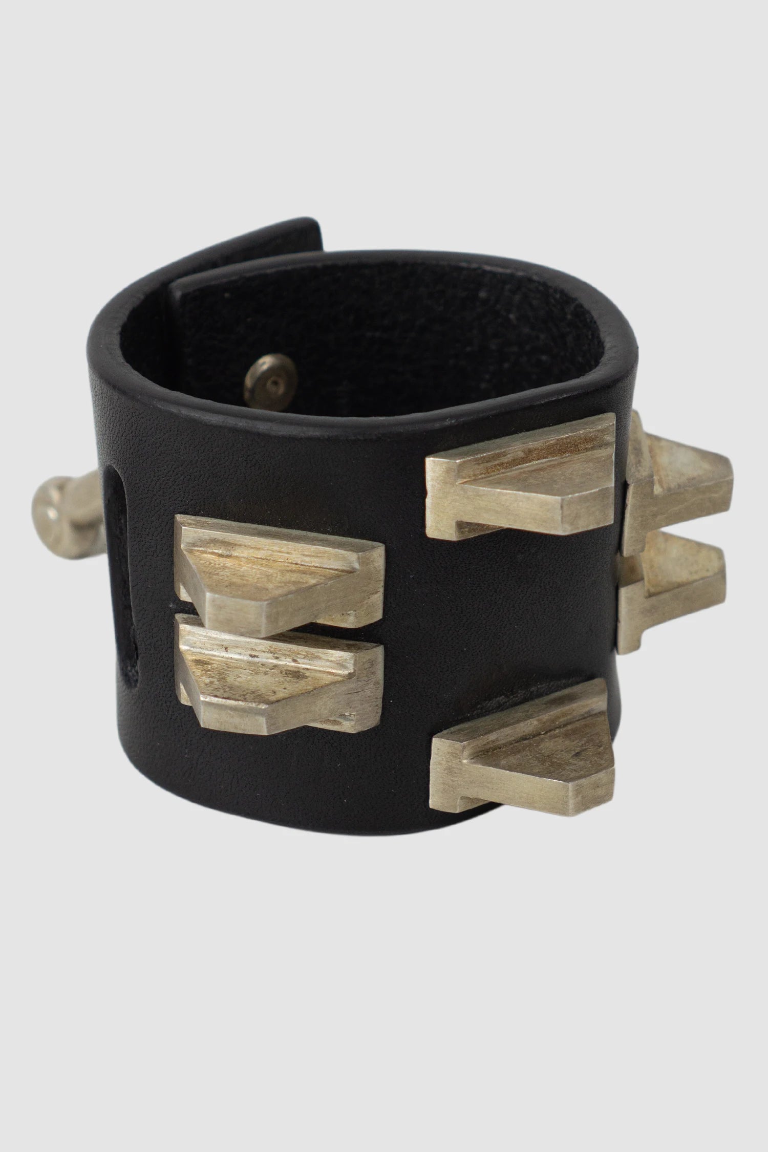 Parts of Four - Black Leather Sterling Silver Pyramid Stud Bracelet 50 mm - front right view - MONO-KROM Gallery