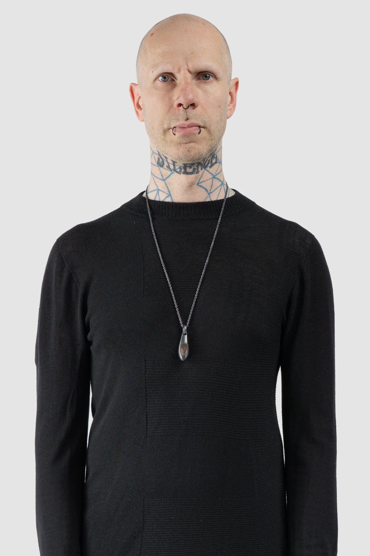 Parts of Four - Black Sterling Silver Amber Chrysalis Necklace - Model front view - MONO-KROM Gallery