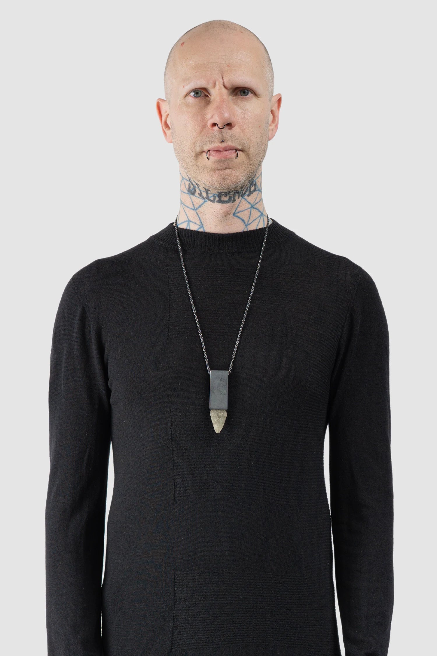 Parts of Four - Black Sterling Silver Arrowhead Amulet Cuboid Necklace - model fit view - MONO-KROM Gallery