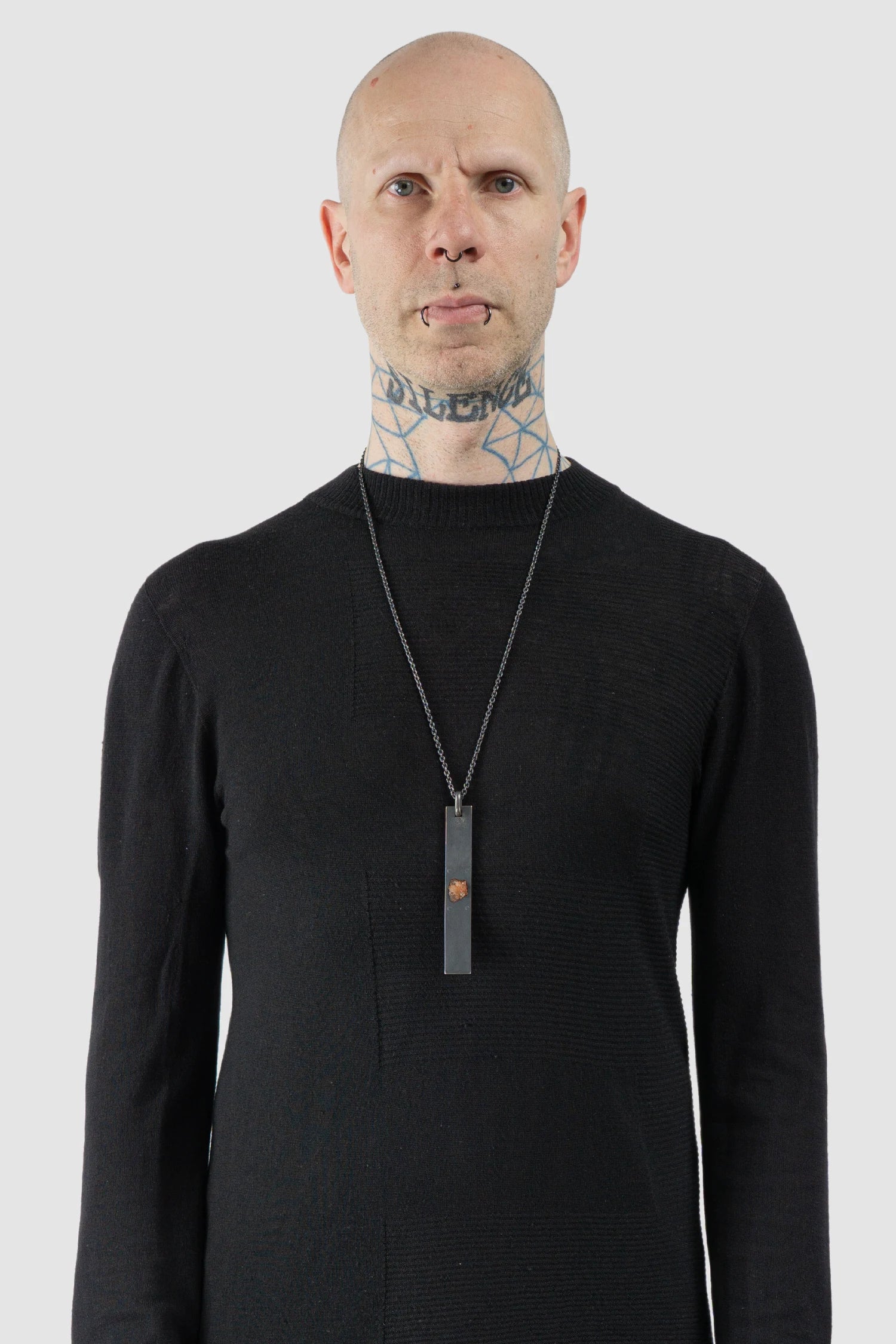 Parts of Four - Black Sterling Silver Peach Quartz Amulet Necklace - Model Front view - MONO-KROM Gallery