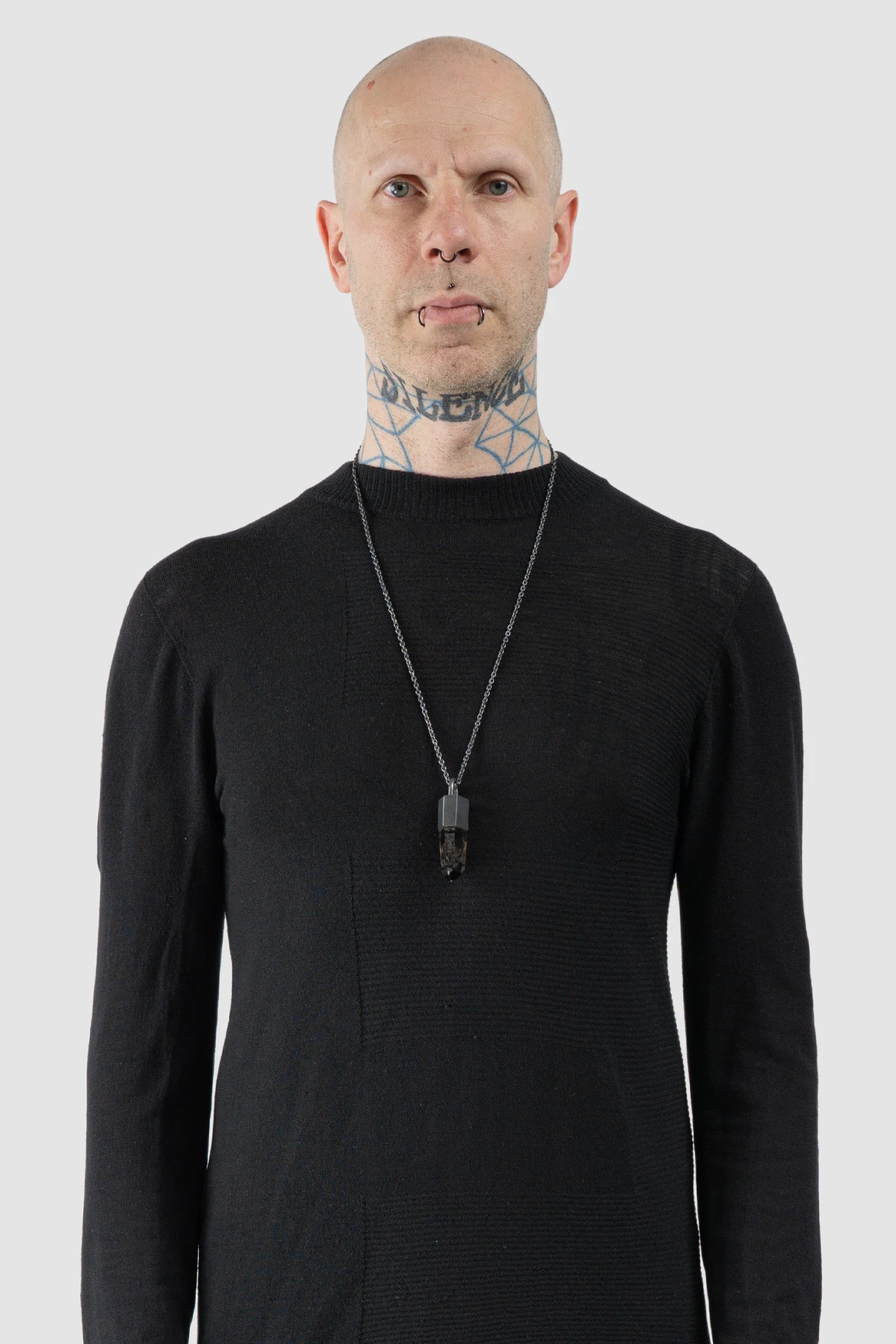 Parts of Four - Black Sterling Silver Smoky Quartz Talisman Necklace - Model front view - MONO-KROM Gallery