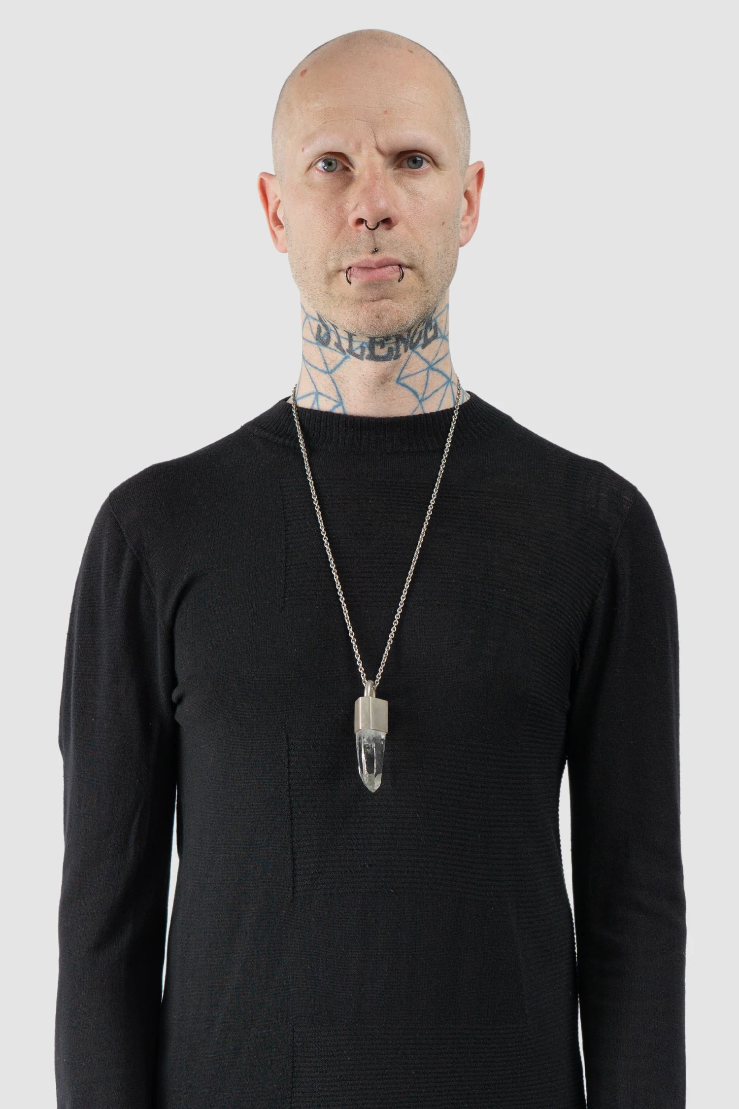 Parts of Four - Dirty Sterling Silver Lemurian Quartz Talisman Necklace - Model front view - MONO-KROM Gallery