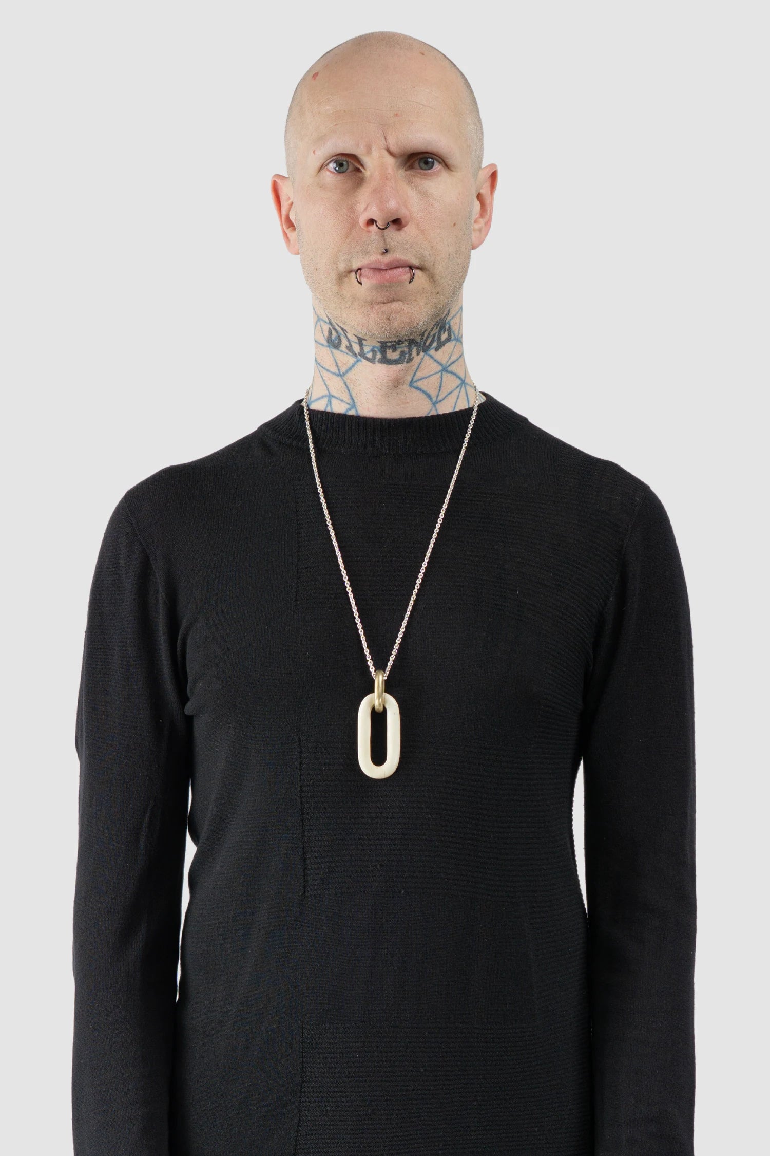 Parts of Four - Matte Bone Sterling Silver Link Charm Necklace - Model front view - MONO-KROM Gallery