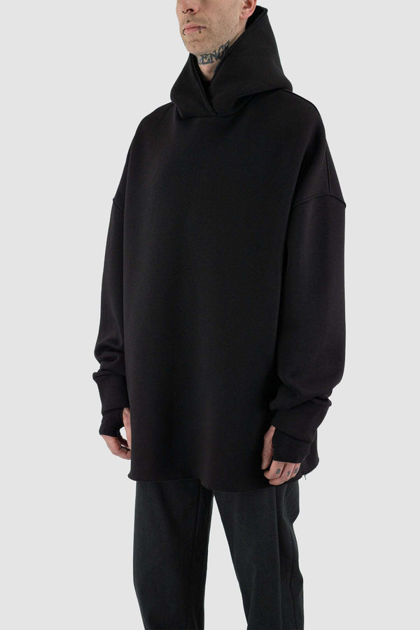 Extra Oversize Black Hoodie with Double-Layered Hood and Raw Details - Side View by UY Studio